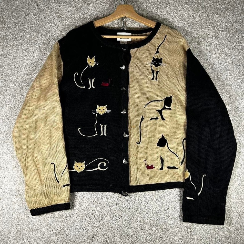 Vintage women's knit two toned cats embroidery cottage cardigan sweater Size L